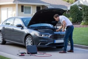 Man jump-starting a gray sedan with the car hood open on a suburban street using a portable battery charger.