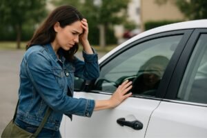 Frustrated woman locked out of her white car, holding her head in stress.