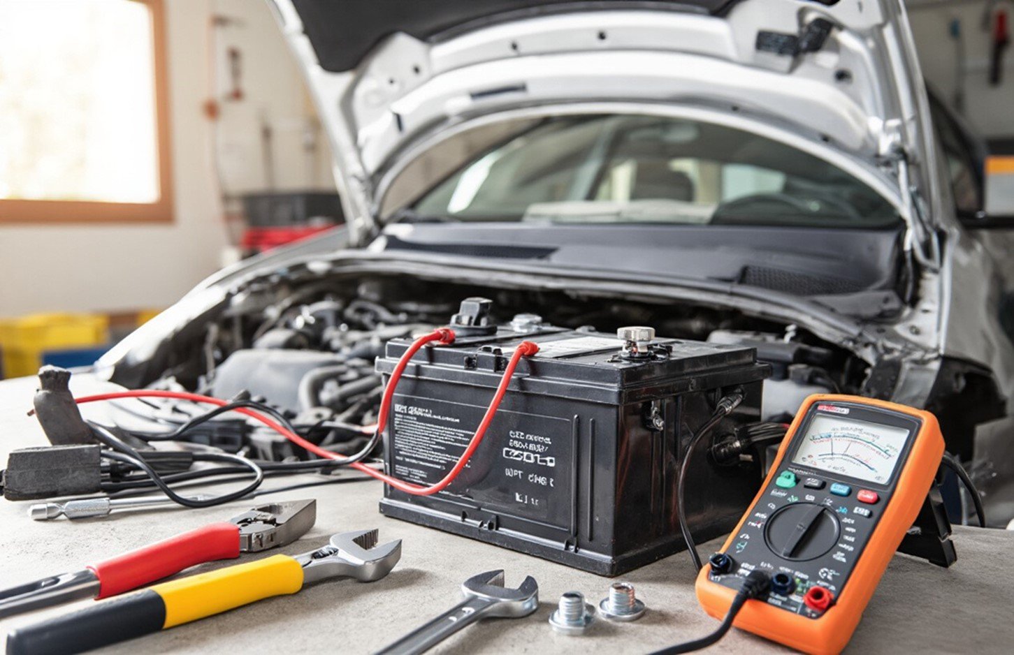 A car with a battery and tools

AI-generated content may be incorrect.