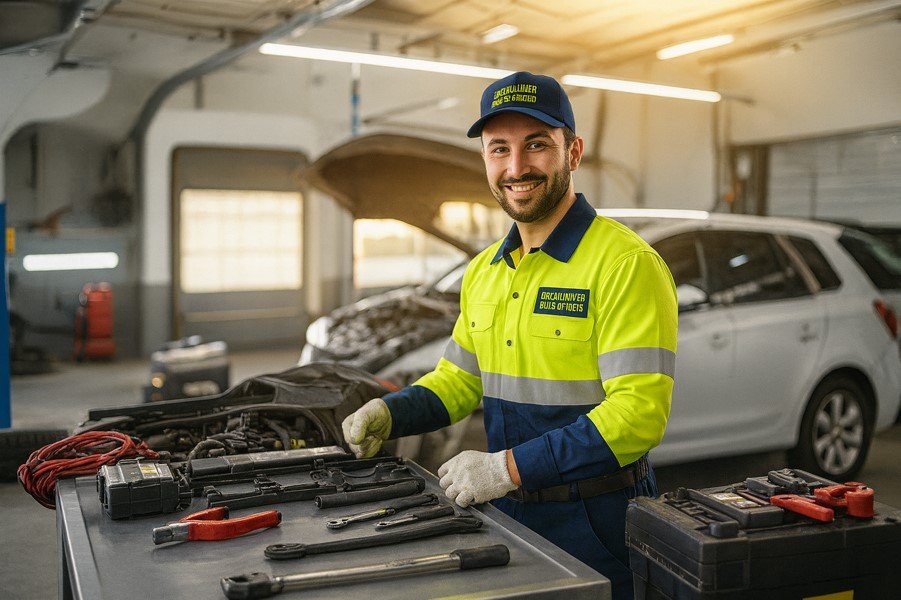 A person in a yellow jacket and hat standing next to a car

AI-generated content may be incorrect.