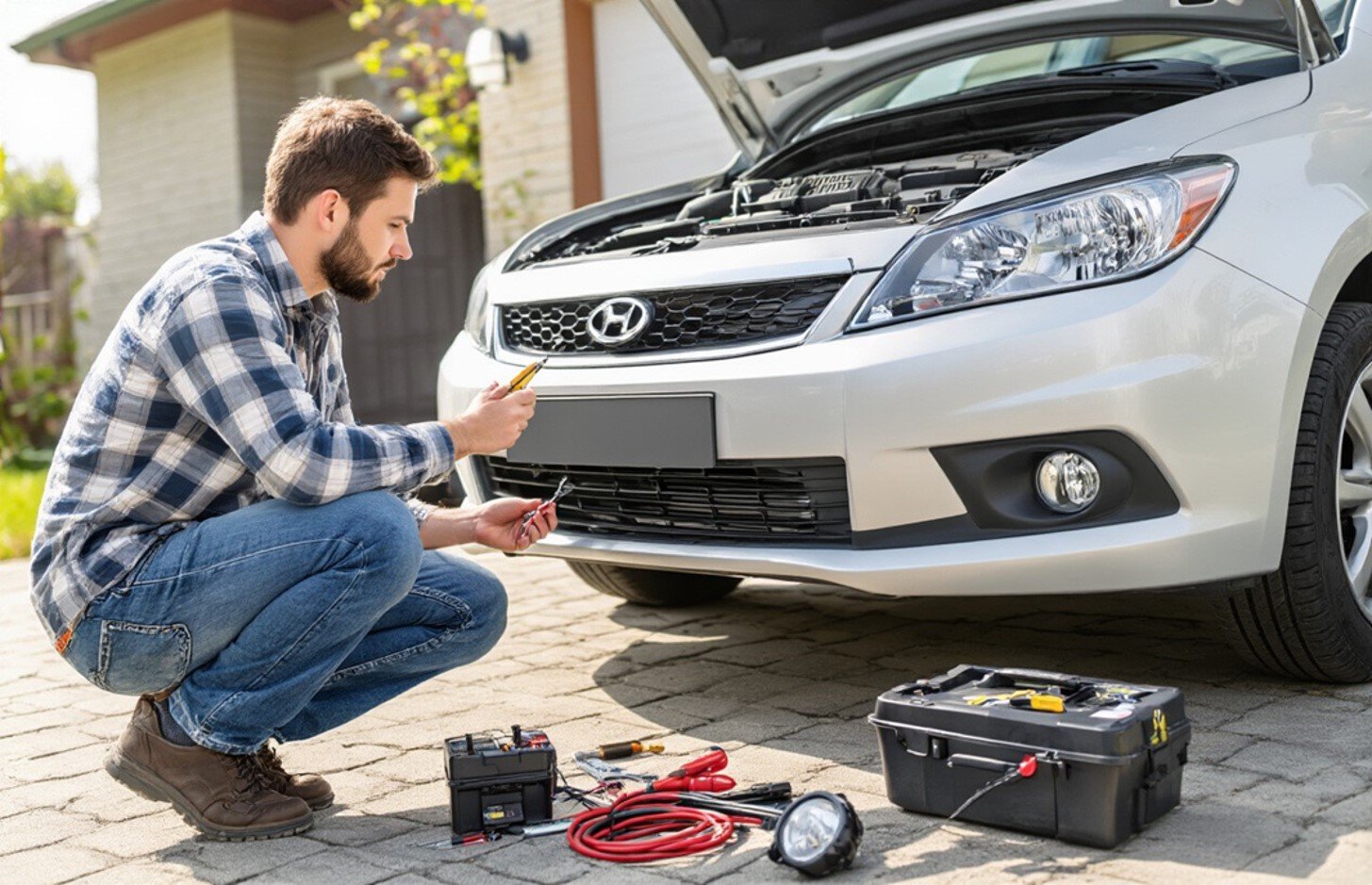 A person kneeling on the ground next to a car with tools

AI-generated content may be incorrect.