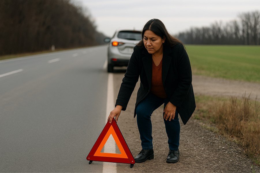 A person kneeling on the side of the road with a triangle sign

AI-generated content may be incorrect.