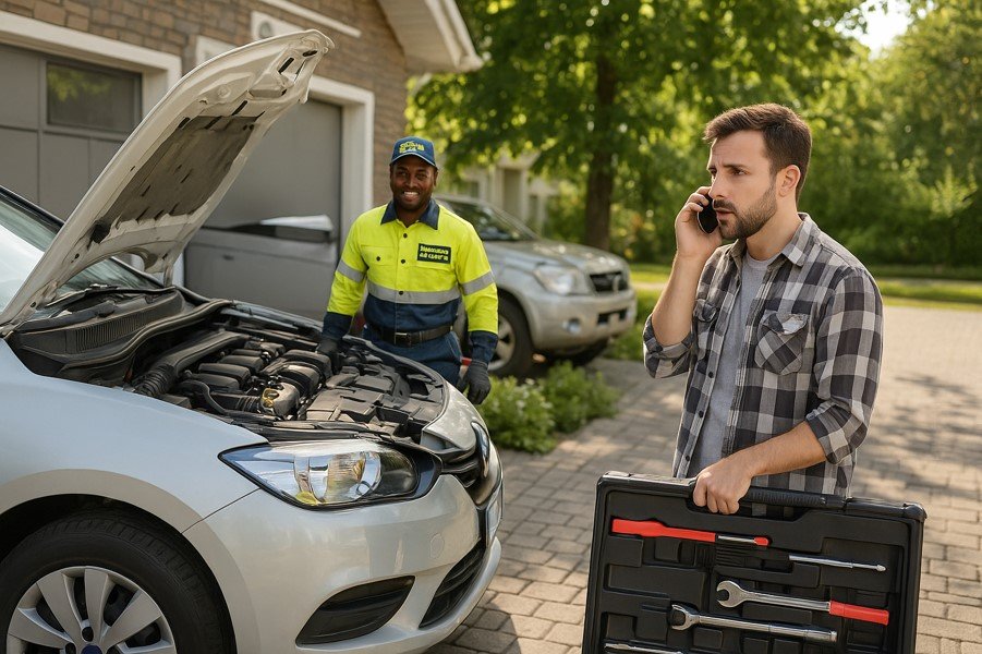 A person talking on a phone next to a car with a toolbox and a person standing behind him

AI-generated content may be incorrect.