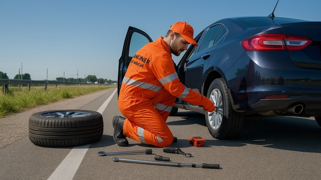 Driver pulls onto wide shoulder and switches on hazard lights during flat tire.